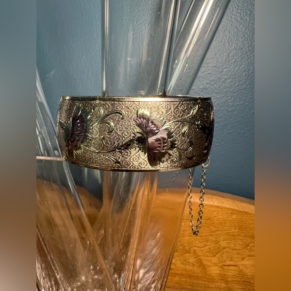 Silver tone floral etched cuff bracelet